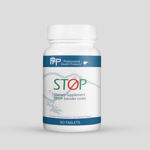 Bottle of STOP by Professional Health Products – antioxidant formula with enzymes and botanicals for inflammation and oxidative stress support