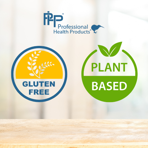 Professional Health Products® Gluten Free label with yellow circular wheat symbol on light background.