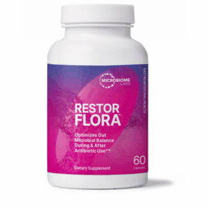 RestorFlora™ probiotic supplement bottle by Microbiome Labs® – contains Saccharomyces boulardii and Bacillus strains for digestive and immune health