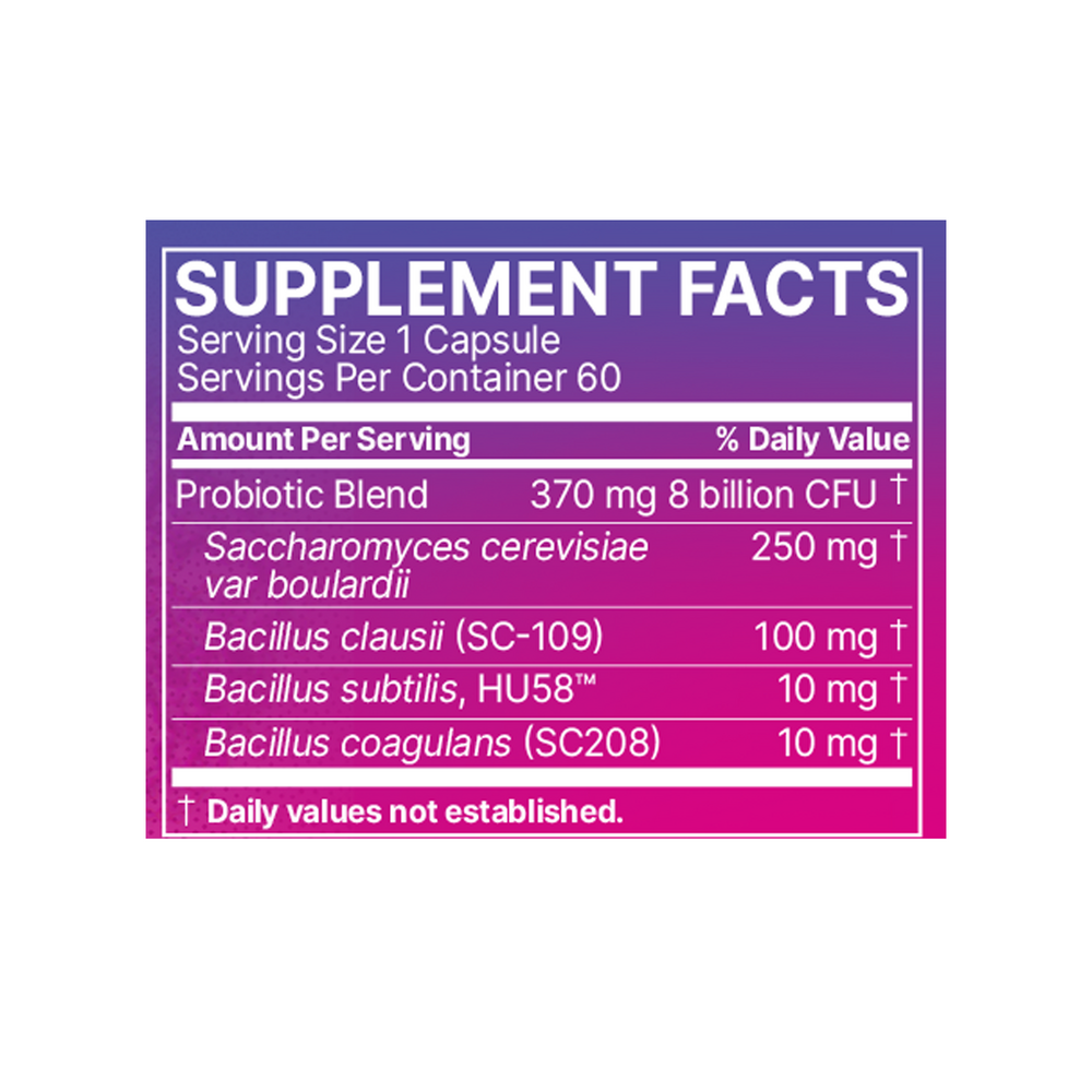 RestorFlora™ supplement label showing probiotic strains Saccharomyces boulardii, Bacillus subtilis HU58™, Bacillus clausii SC109, and Bacillus coagulans SC208