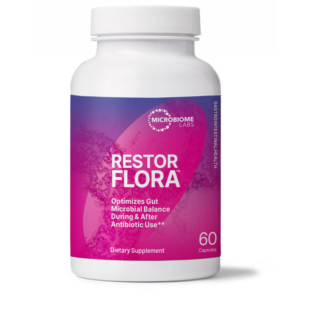 RestorFlora™ probiotic supplement bottle by Microbiome Labs® – contains Saccharomyces boulardii and Bacillus strains for digestive and immune health
